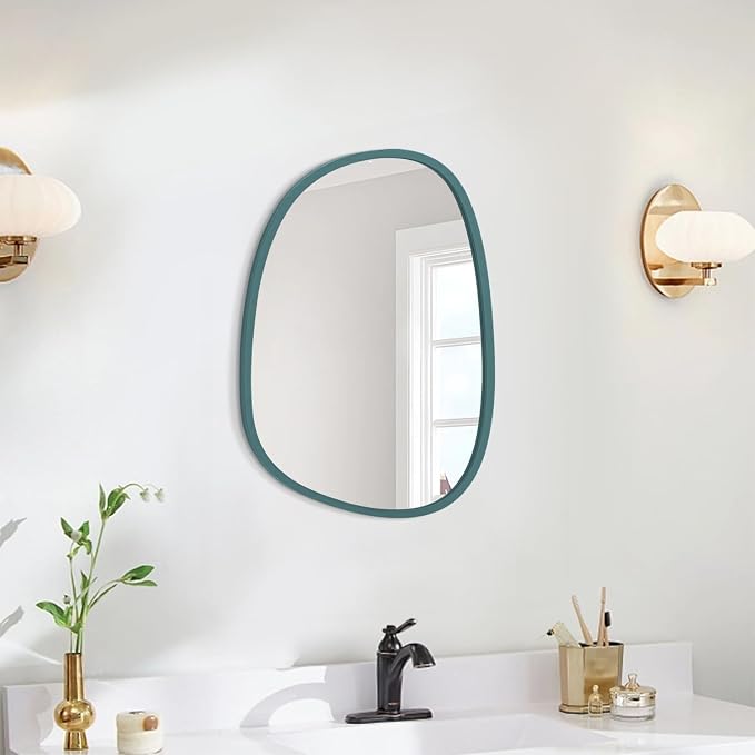 Small Blue Wall Mirror Asymmetrical Irregular Wood Frame Mirror Unique Modern Wall-Mounted Artistic Oval Shape Mirror Decor for Bedroom Living Room Bathroom Entryway Hallway Vanity