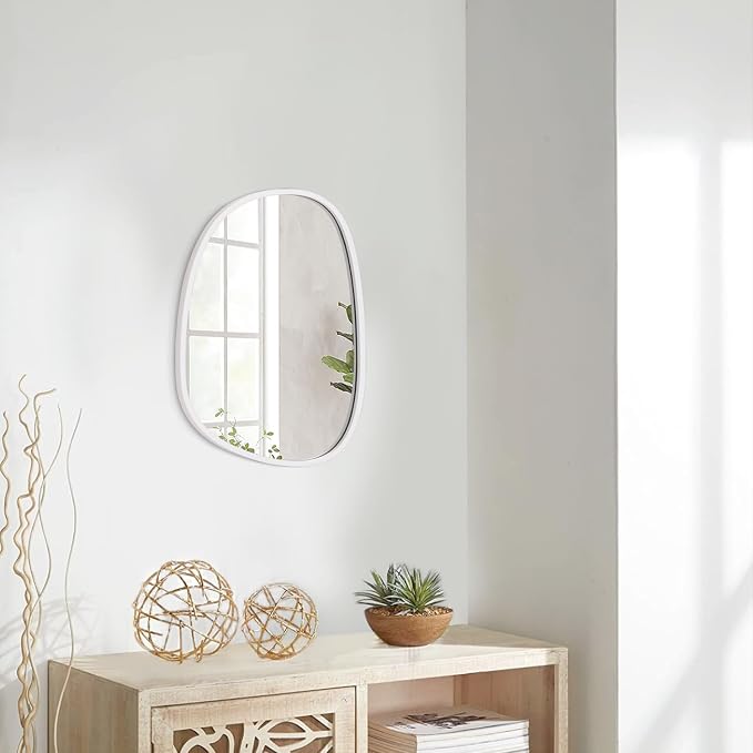 Asymmetrical Hanging Mirrors Irregular Wall Mirror White Wooden Framed Oval Mirrors for Wall Decorative Small Vanity Wall Mounted Mirror for Home Living Room Bedroom Hallway Entryway