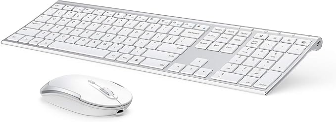 Wireless Keyboard and Mouse, Vssoplor 2.4GHz Rechargeable Compact Quiet Full-Size Keyboard and Mouse Combo with Nano USB Receiver for Windows, Laptop, PC, Notebook-White Silver
