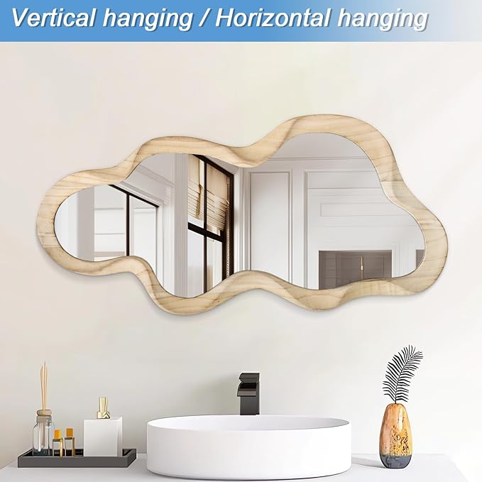 Asymmetrical Mirror for Wall Decor Large Modern Wooden Framed Wall Mirror Unique Shape Wall Mounted Vanity Artistic Wavy Mirror Decorative for Living Room Bedroom Bathroom Entryway Natural