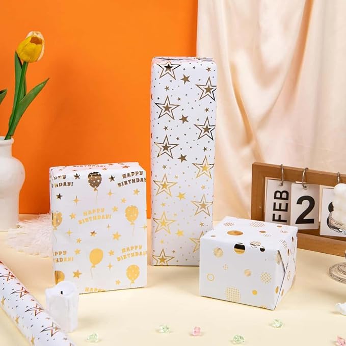 Linnoptimix Birthday Wrapping Paper Rolls -3 LARGE ROLL-27inch*78 inch per roll Colorful Foil wrapping paper(Birthday 3 White/Gold（008）)