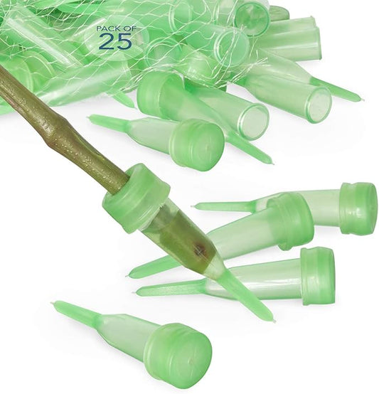 Royal Imports Floral Water Tubes with Caps – 2.5" Green Plastic Flower Vials for Single Stem Roses, Buds, Bouquets – Pointed Style, 1/2" Opening – 25 Pack
