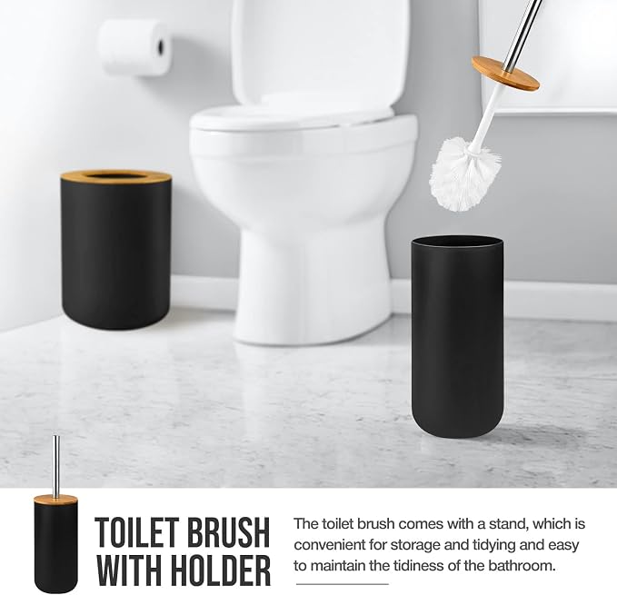 Hommtina Bamboo Bathroom Accessory Set, 6 Pcs bathroom essential Includes Toothbrush Cup, Toothbrush Holder, Soap Dispenser, Soap Dish, Toilet Brush with Holder, Trash Can, with 3 Toothbrushes (Black)