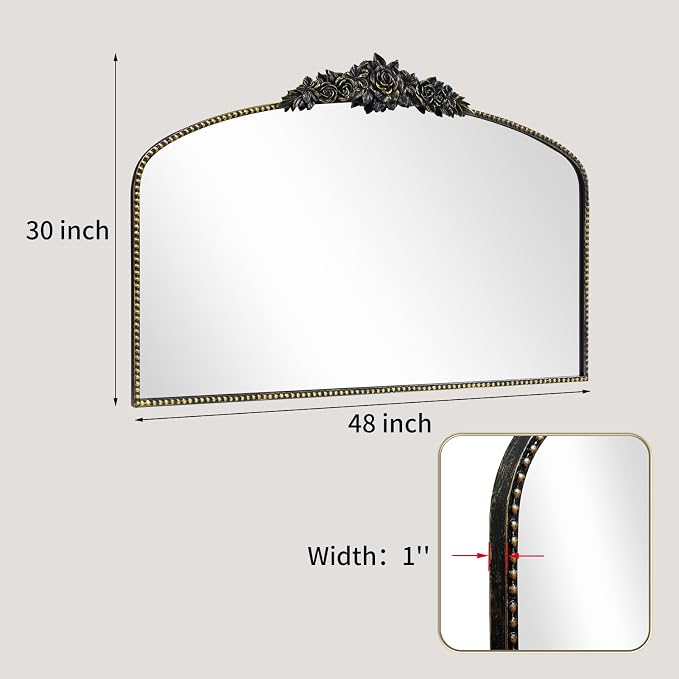 Antique Black Arched Mirror 48"x30", Victorian Vintage Black Mirrors with Ornate Metal Frame, Baroque Mirrors for Fireplace/Entryway/Dining Room/Living Room/Bathroom