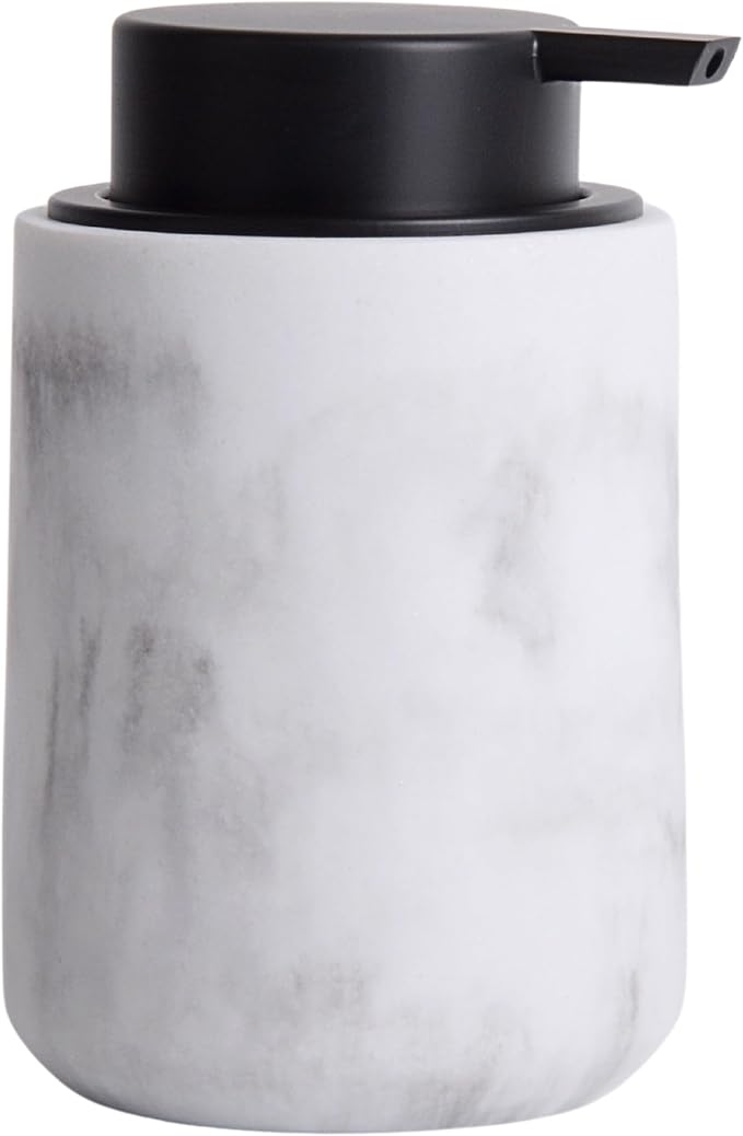Clasin Home Resin Hand Soap Dispenser Easy-to-Press Liquid Pump, Refillable Soap Dispenser with White Marble Look, Waterproof Bottle Labels for Bathroom Kitchen Dish Lotion (White, 10 oz)