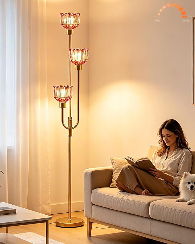 Lightdot 3-Lights Modern Glass Floor Lamp 66IN Gold Dimmable Floor Lamps with 3000K Warm White Bulbs for Wedding Party Tall Standing Lamp with Deep Red Glass Shade for Living Room/Bedroom/Home Decor