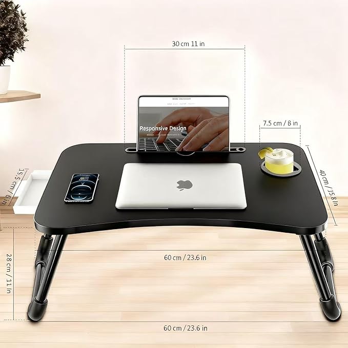Fayquaze Laptop Bed Table, Portable Foldable Laptop Bed Desk with Storage Drawer and Cup Holder, Lap Desk Lap Stand Tray Table Floor Table Serving Tray for Eating, Reading and Working