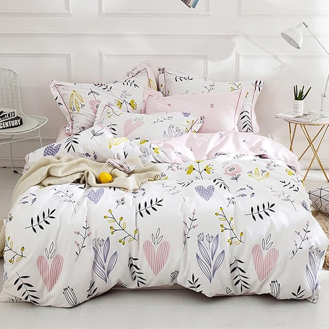HighBuy Girls Duvet Cover King Floral Aesthetic Coquette Bedding Set White Pink Premium Cotton Teens Flower Bedding Set King Kids Comforter Cover Soft Branches Bedding Collection King Pink
