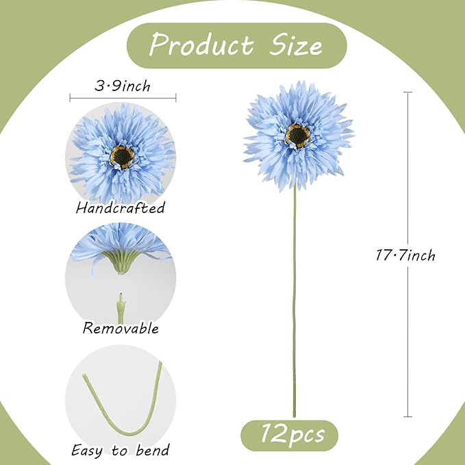 Gerbera Daisy Artificial Flowers 12pcs Faux Daisies Blue Silk Flowers with Stems for Vase Table Centerpiece Home Wedding Party Garden Decoration(Blue)