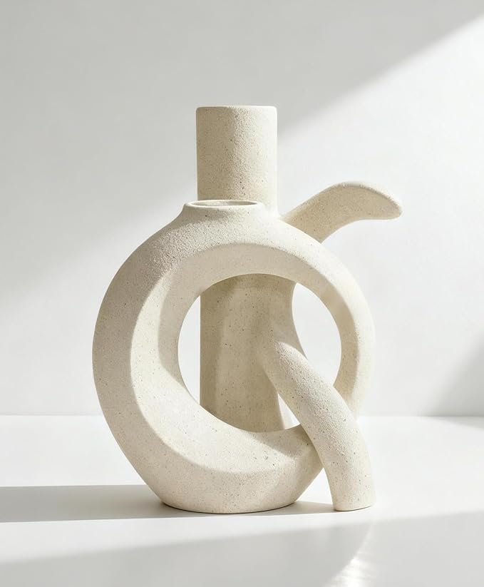 White Ceramic Unique OK Vase Set of 2, Cute Pampas Grass Funky Vase, Modern Boho Aesthetic Decorative Vase for Home Decor (White 1)