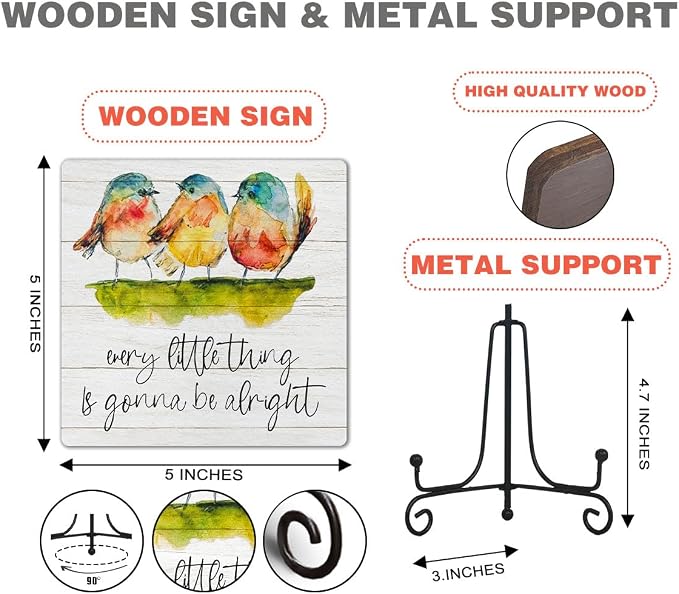 Uplifting Inspirational Gifts - Watercolor Birds Wooden Sign - Every Little Thing Is Gonna Be Alright - Rustic Farmhouse Decor for Shelf, Desk, Tabletop, 5x5 Inches -K17