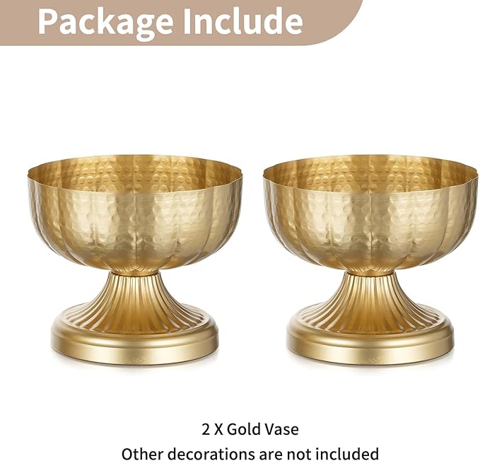 NUPTIO Gold Vases for Centerpieces Wedding: Hammered Brass Compote Vases for Small Flowers Arrangements - Metal Pedestal Bowl for Table Home Decor Set of 2