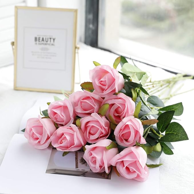 Veryhome Artificial Flowers Silk Roses Fake Bridal Wedding Bouquet for Home Garden Party Floral Decor 10 Pcs (Pink Straight stem)
