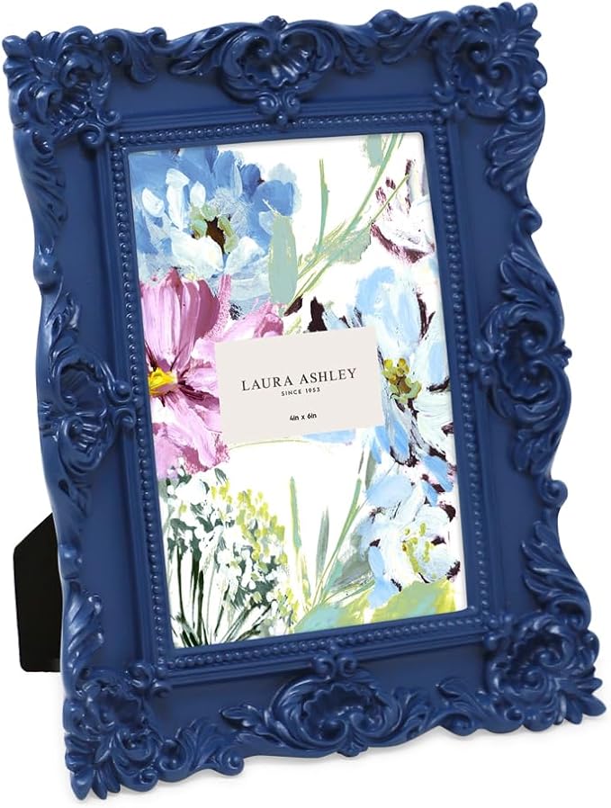 Laura Ashley 4x6 Navy Ornate Textured Hand-Crafted Resin Picture Frame with Easel & Hook for Tabletop & Wall Display, Decorative Floral Design Home Décor, Photo Gallery, Art, More (4x6, Navy)