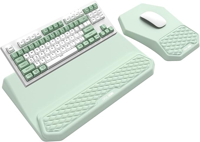 3-in-1 Ergonomic Keyboard Stand with Wrist Rest & Mouse Pad Set, Comfy Keyboard Riser Holder Soft Mousepad with Massage Design, Memory Foam and Non-Slip PU Base for Pain Relief, Light Green