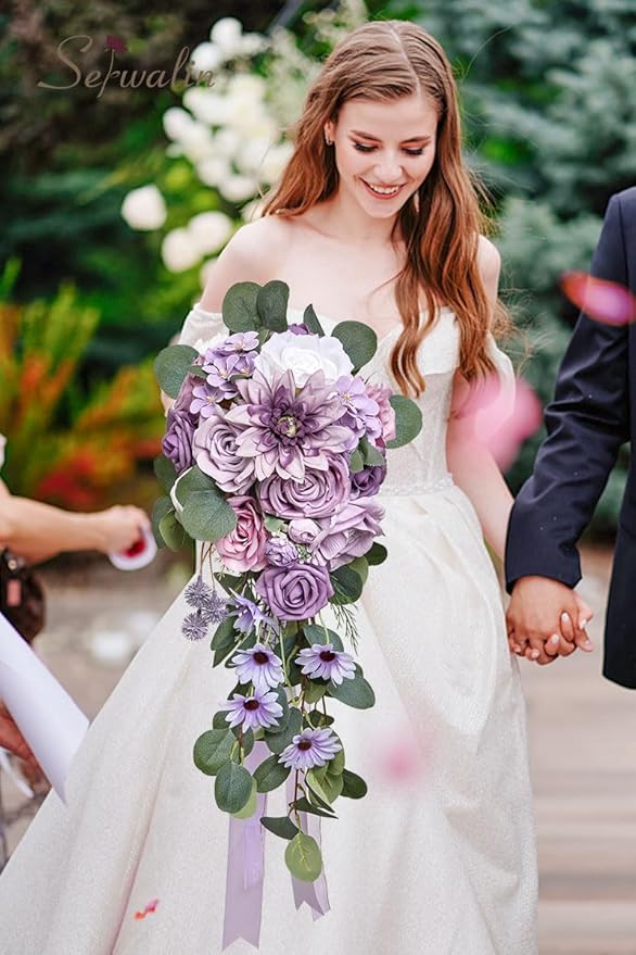 Serwalin 9.8 Inch Wedding Bouquets for Bride Bridesmaid, Purple Dahlia Bridal Bouquets for Bride, Wedding Flowers Bouquet Tossing Bouquet, Wedding Ceremony and Anniversary Decoration