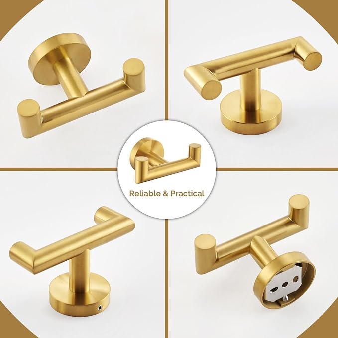 Angle Simple Towel Double Hook Brushed Dark Gold 2 PCS, SUS304 Stainless Steel Bathroom Hand Towel Holder, Double Robe Hook, Wall Mount