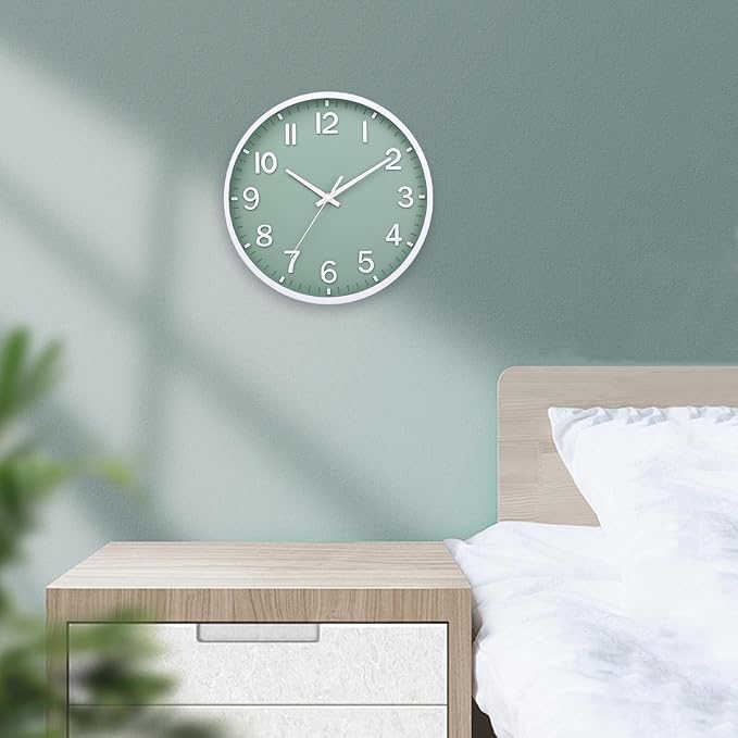 Wall Clocks Battery Operated 10 inch Modern Wall Clock,Silent Non Ticking Wall Clock for Living Room Bedroom Kitchen Office Classroom Decor (Green White)