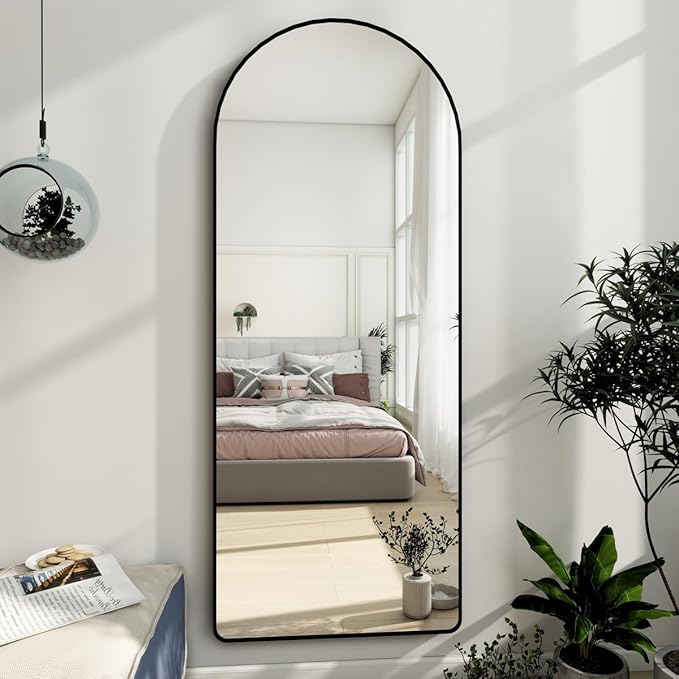 Degfig Arched Full Length Mirror, 64"X21" Floor Length Mirror with Aluminum Alloy Frame, Full Body Mirrors with Stand, Hanging or Leaning Mirrors for Living Room, Bedroom, Black,Round Corner