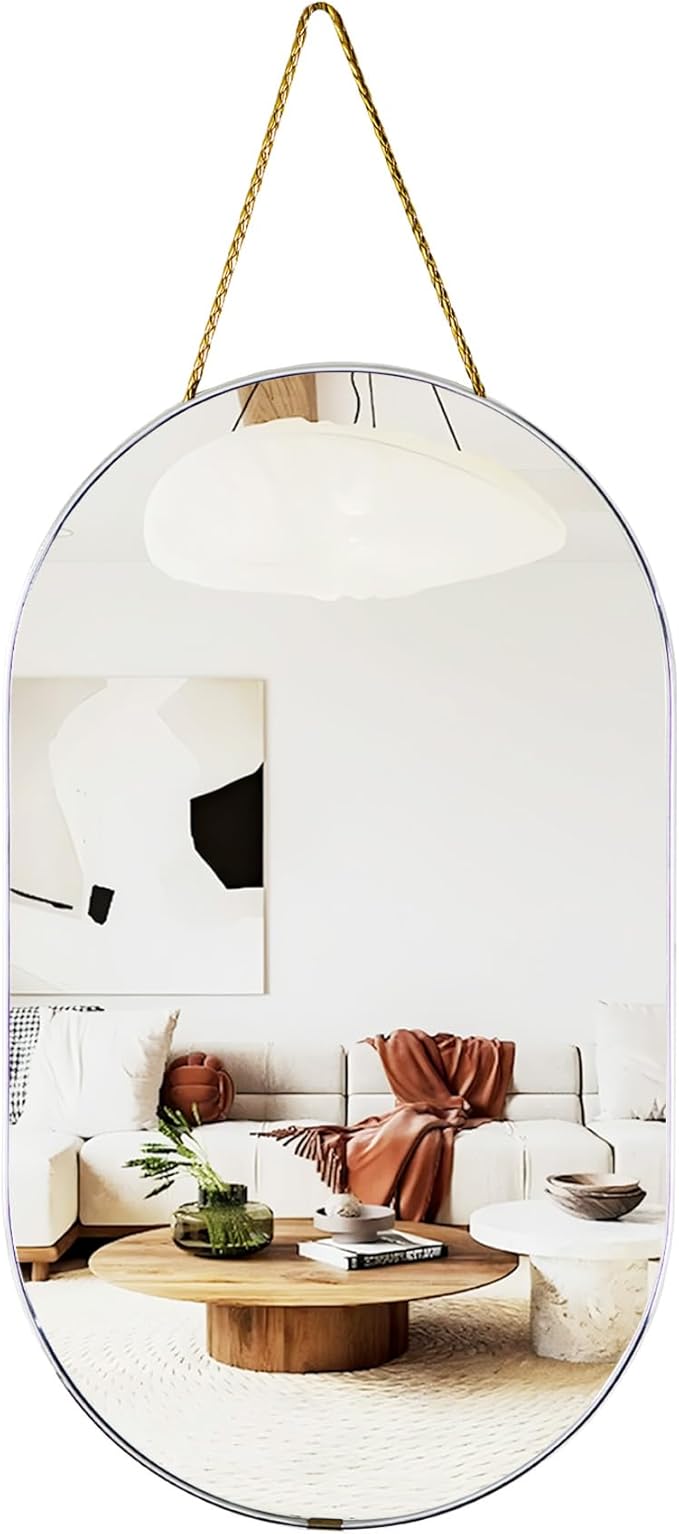 Oval Mirror with Lanyard, High Definition Bathroom Mirror for Bathroom, Hallway, Living Room (Sliver, 11.61x18.9inch)