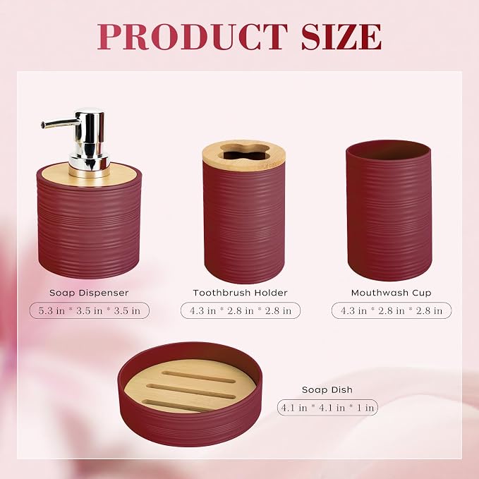 4 PCS Burgundy Bathroom Accessories Set, Includes a Soap Dispenser, Toothbrush Holder, Soap Dish and Mouthwash Cup, Plastics & Bamboo Bathroom Set, Bohemian Style Bathroom Sink Set