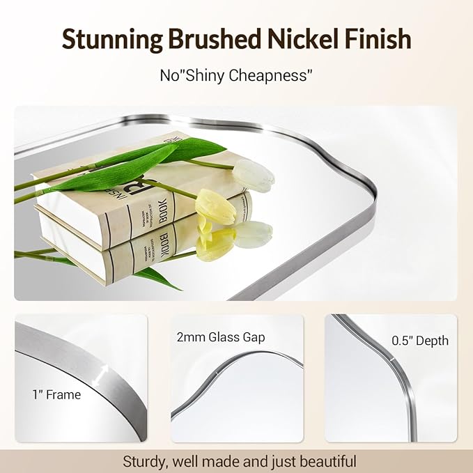 ANDY STAR Scalloped Arched Mirror, 24x38 Brushed Nickel Irregular Bathroom Mirror for Vanity, Asymmetrical Curved Top with Rustproof Stainless Steel Frame, for Entryway, Bedroom, Mantel, Fireplace