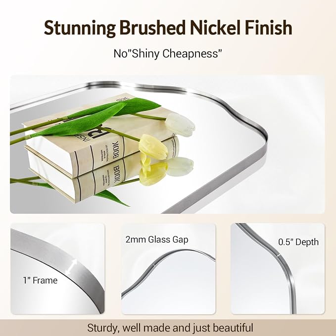ANDY STAR Scalloped Arched Mirror, 26x38 Brushed Nickel Irregular Bathroom Mirror for Vanity, Asymmetrical Curved, Silver Rustproof Stainless Steel Frame, for Over Sink, Bedroom, Mantel, Fireplace