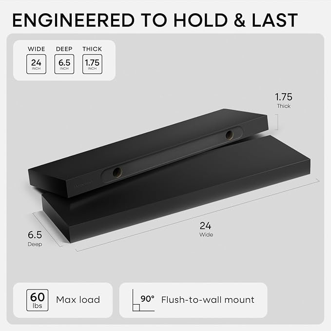 Homeforia Black Floating Shelves 24 inch, High End Solid Real Wood 24inch Bathroom Floating Shelf for Wall Mounted, Black Wooden 24in Floating Shelves, Heavy Duty Bracket, 24 X 6.5 X 1.75 in, Set of 3