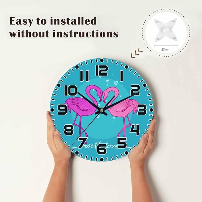 Flamingos Wall Clock Two Pink Ones Battery Powered Wall Clock Silent Non Ticking 10 Inch for Living Room, Kitchen, Home,Bathroom, Bedroom