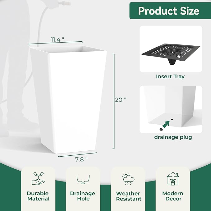 Worth Garden 20" Tall Planters Set of 2 – Large White Tapered Plastic Flower Pots for Indoor & Outdoor Use – Modern Plant Containers with Drainage Holes – Ideal for Front Porch, Patio, Balcony