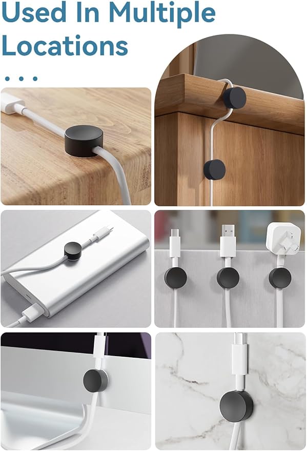 Maveek Magnetic Cord Clips Black, Silicone Cord Organizer Magnet Cable Holder Charging Cable Management Cord Keeper with Adhesive Metal Disc (5 Piece, Large Size)
