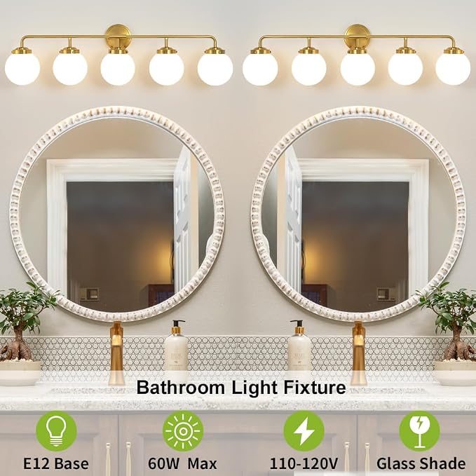 Bathroom Light Fixtures Gold Vanity Lights Over Mirror, Modern Wall Sconce Lighting 5-Light with White Glass Globe Shade