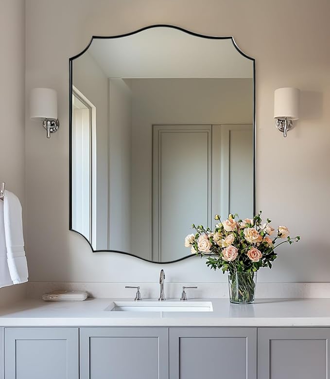 ANDY STAR 28x36 Inch Brushed Nickel Mirror, Scalloped Bathroom Mirror for Wall, Silver Vanity Mirror with Rust-Proof Stainless Steel Frame, Sophisticated Curved Design Ideal for Home Remodel