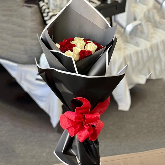 WRAPAHOLIC 20 Sheets Flower Wrapping Paper - 22.4 x 22.4 inch White Trim Black Water-Resistant Floral Bouquet Wrapping Paper, Florist Supplies Packaging Paper for Wedding Birthday Gift DIY