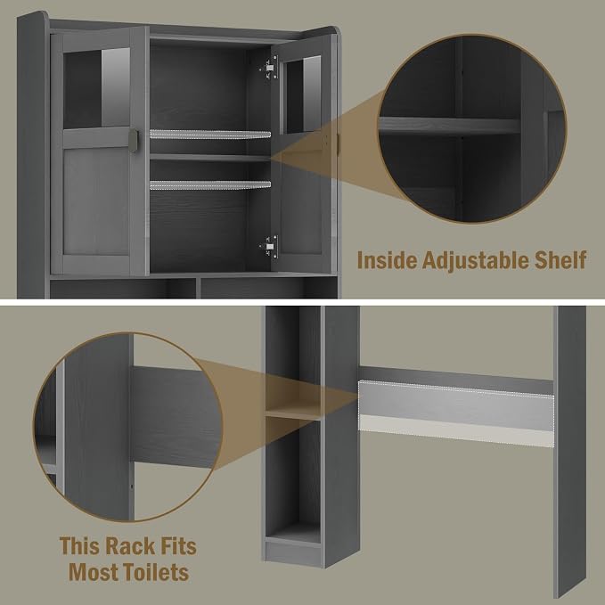 Vabches Over The Toilet Storage Cabinet, Bathroom Shelf Over Toilet with Glass Doors and Adjustable Shelves, Natural Grey Freestanding Home Space Save Toilet Rack, for Restroom, Bathroom, Laundry