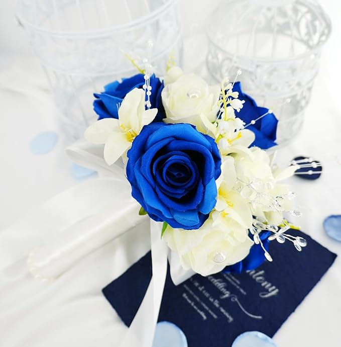 Royal Blue & White Wedding Bouquets for Bride Bridesmaid Bouquet Artificial Roses Tossing Bridal Bouquet for Wedding Church Home Decoration, Gifts