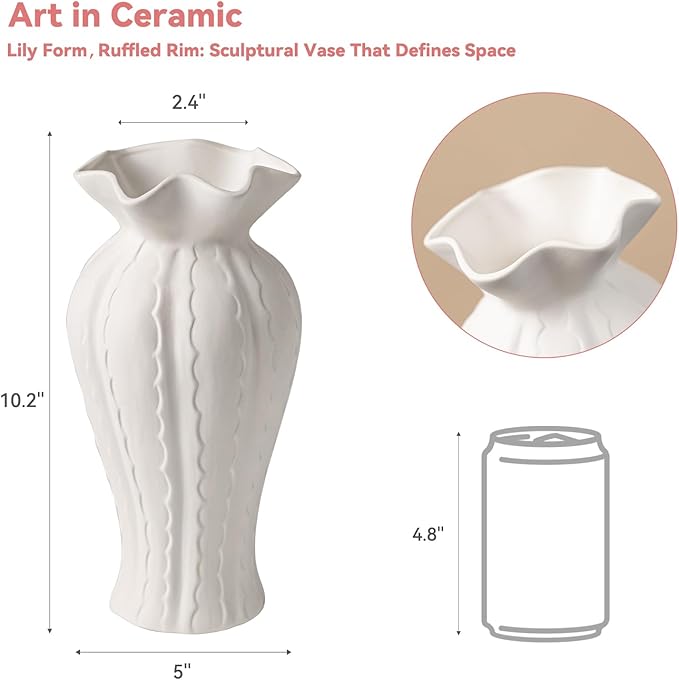 Sculptural Lily Vase - White Matte Ceramic with Ruffled Rim & Wave Texture, 10.2" Unique Flower Vase for Pampas Grass/Centerpieces, Decorative Vase for Living Room/Office, Ideal Gift for Art Lovers