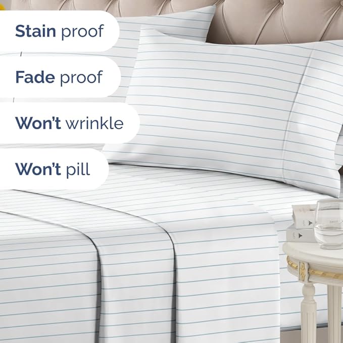 Sky Blue and White Striped Sheets - 1 Flat & 1 Fitted Sheet & 2 Pillowcases w/ Deep Pockets - Wrinkle & Fade Resistant - Ultra-Soft, Breathable & Cooling - Pinstripe Patterned Bed Set - Full Size