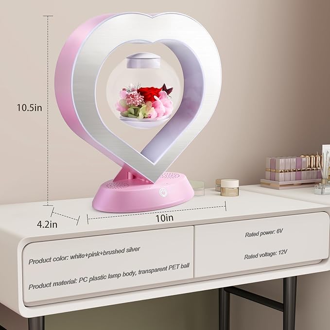 LoveLin Heart Preserved Rose Flowers with Bluetooth Speakers, 5W Pink Magnetic Levitation Table Lamp with Variable Color LED Light, Unique Forever Flower Gift for Women, Girls, Mother and Grandma