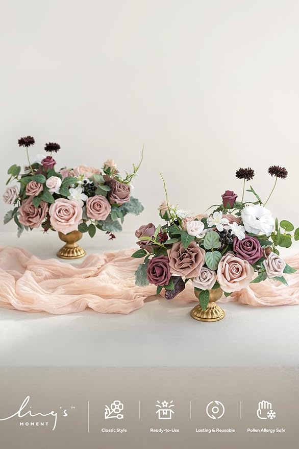 Ling's moment Dusty Rose & Mauve Artificial Flowers with Vase Wedding Decor Centerpiece Flower Potted for Ceremony Reception Tabletop Desk Flowers Mantel Archway Aisle, Fake Flowers Set of 2