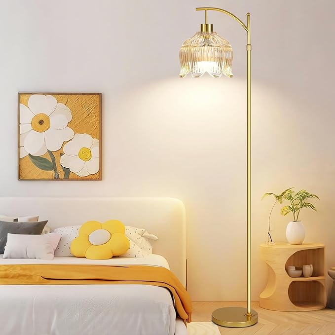 QIYIZM Flower Floor Lamp for Living Room,Bedroom,Gold Dimmable Standing Lamp with Remote,Glass Mid Century Modern Brass Tall Lamp Boho Floor Lamps Arc Stained Floor Light Lamp Bohemian