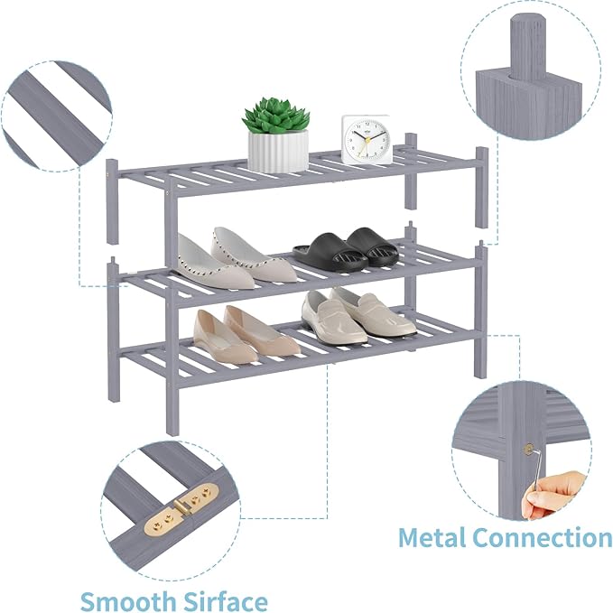 RONGJlA 2 Tier Bamboo Shoe Rack for Closet Free Standing Wood Shoe Shelf Storage Organizer for Entryway Small Space Stackable, Grey