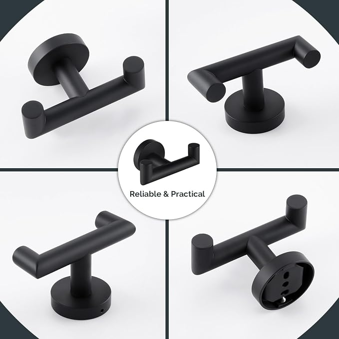 Angle Simple Double Towel Hook Matte Black 2 PCS, SUS304 Stainless Steel Bathroom Robe Hook, Hand Towel Holder for Wall