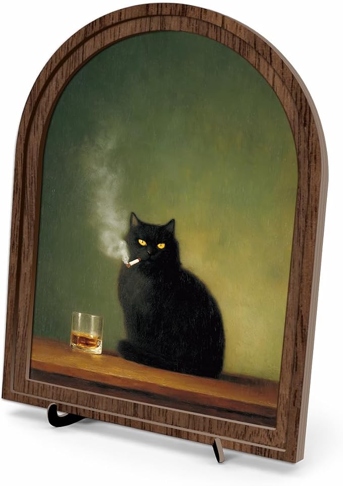 Vintage Black Cat Tabletop Decor Sign, Arched Wooden Frame with Stand, Rustic Home Wooden Sign for Living Room Bedroom Shelf Desk Display, Stylish Home Accent