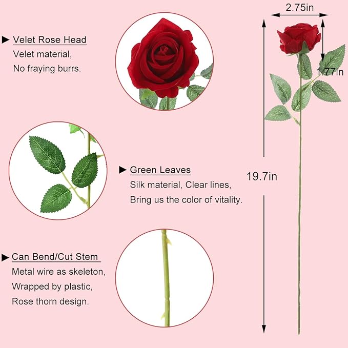50Pcs Red Roses Artificial Flowers Fake Roses Faux Velvet Silk Flower for Home Wedding Decoration (Pearl Rose, Red)