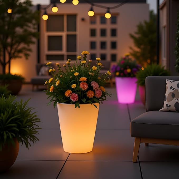 Mr.Go RGB LED Flower Pot Light w/Remote, 16 Color Changing Colorful Flowerpot, Rechargeable Lighted Planter & Ice Bucket for Home Decor, Perfect for Garden, Party, Wedding, Gifts (16-inch Round)