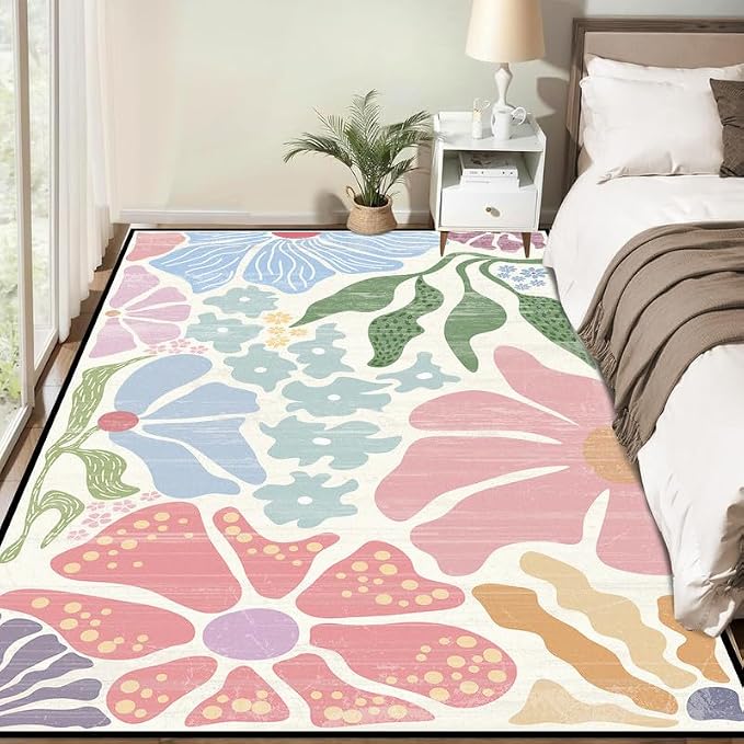 Floral Area Rug Modern Abstract Rug Pastel Flower Print Carpet Colorful Bohemian Plant Rugs for Bedroom Living Room Nursery Kitchen Playroom Home Decor,5'x7'
