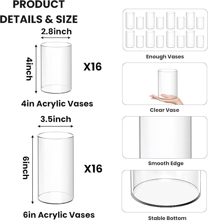 32 Pack Acrylic Vase, 6 Inch & 4 Inch Clear Cylinder Flower Vase Plastic Cylinder Vases Bulk Round Plastic Acrylic Vases for Centerpiece Home Wedding Office (16pcs 6in + 16pcs 4in)