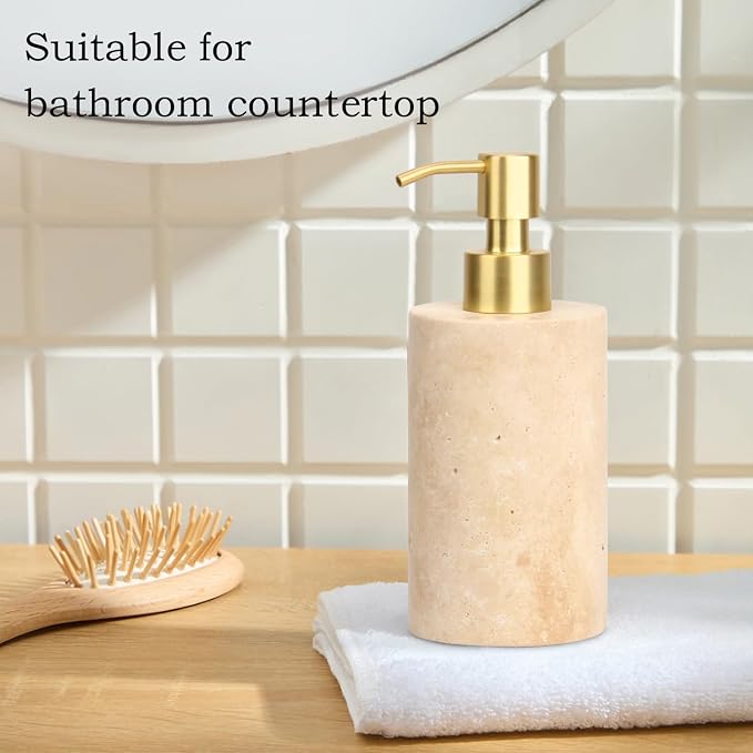 Natural Marble Soap Dispenser for Bathroom and Kitchen Countertop - 5.41 Ounces Hand Lotion and Liquid Stone Shampoo Laundry Bottle with Pump (1, Travertine, Cylindrical Bottle)