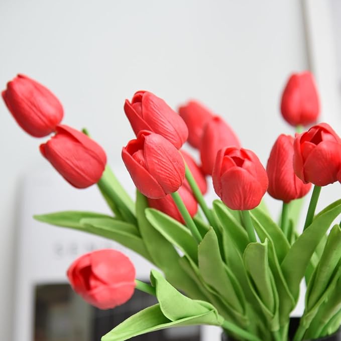 20 Pcs 13” Real Touch Red Tulips Artificial Flowers, Latex PU Fake Faux Lifelike Flowers with Stems, for Christmas Valentine's Day Mother's Day Easter Home Decor Wedding Bouquet
